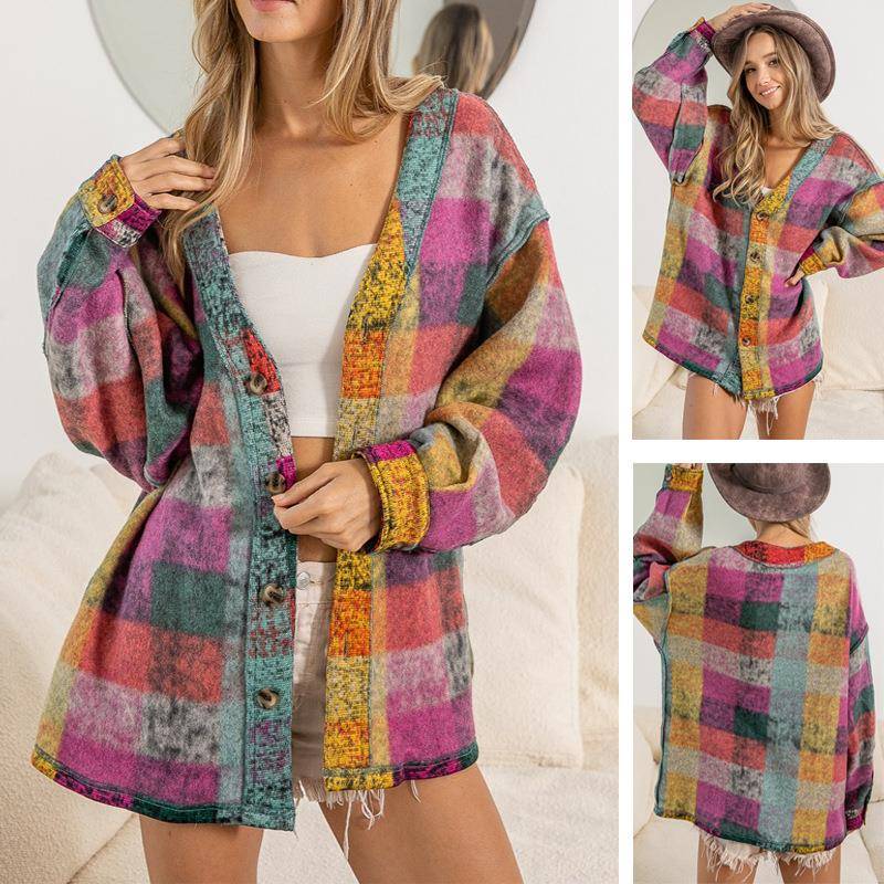 Womens single colorful breasted coat sleeve cardigan plaid
