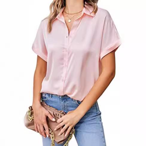 Tunic Shirt Button-Down Sleeve V-Neck Womens Silk Short