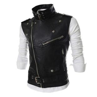 Slim zip Lapel Multi Jacket Vest Leather Mens Fit