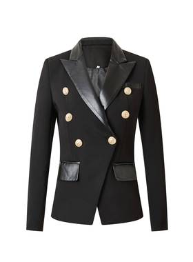 Double-breasted solid black slim-fit suit collar elegant