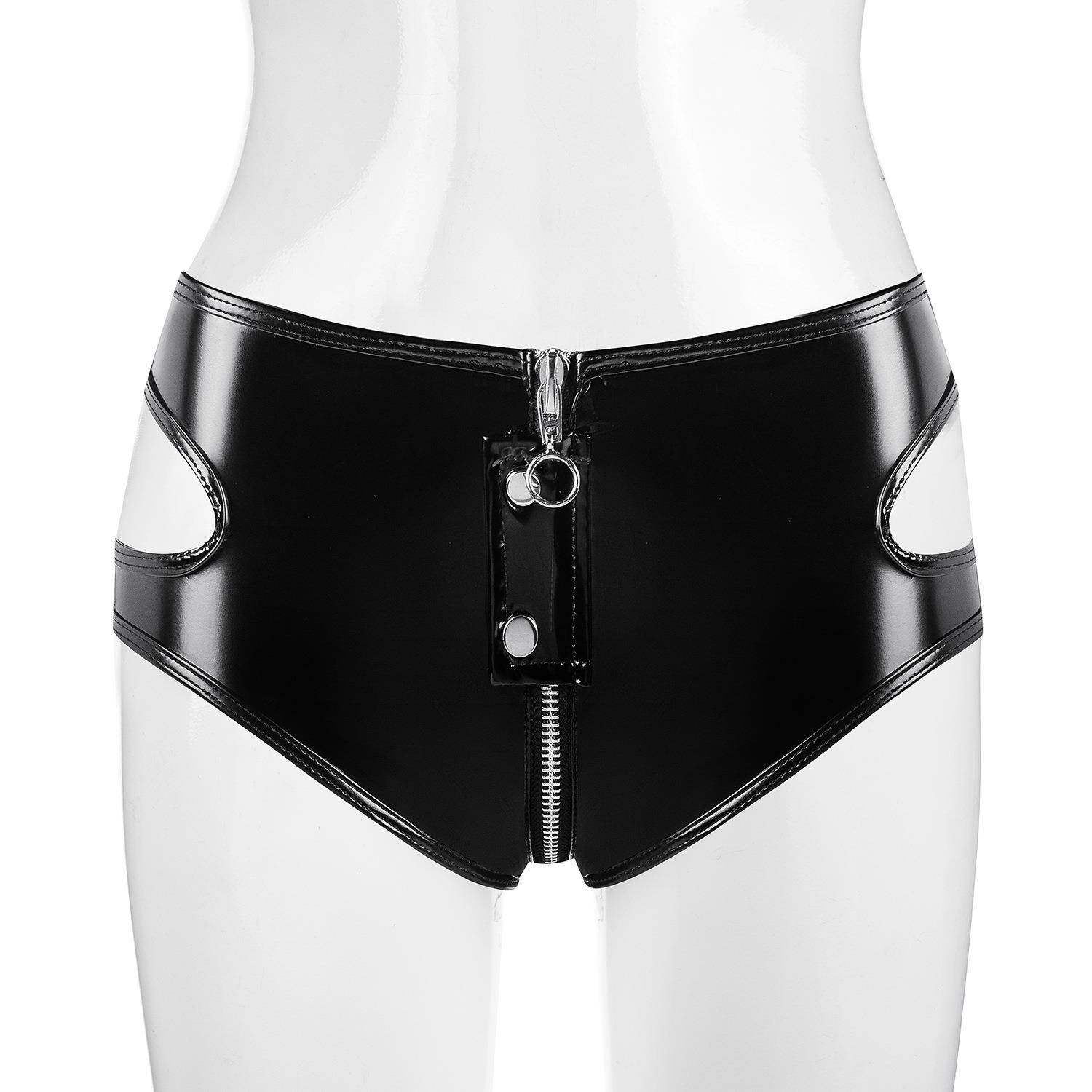 High size gloss crotchless patent no sexy to zip-up shorts
