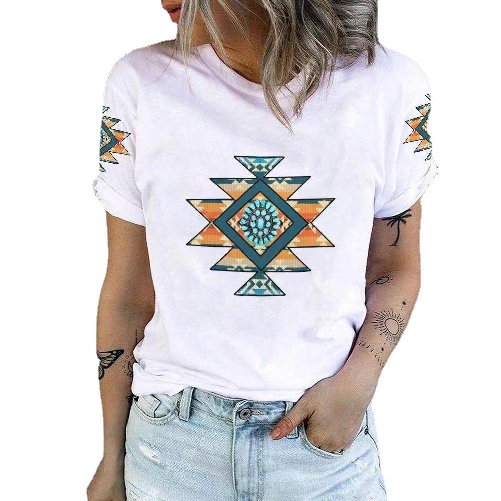 T-Shirt Sleeve Short Style Western Digital Neck Round