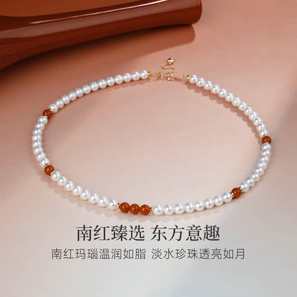 GiO珠宝天然淡水珍珠小米珠项链18K金南红玛瑙锁骨链女颈饰新中式