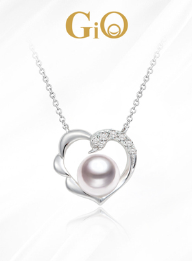 GiO珠宝 Akoya海水珍珠项链18K金镶钻石白金色吊坠送女友礼物