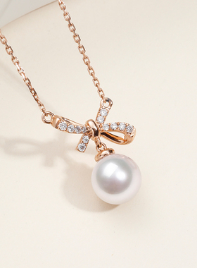 GiO珠宝 18K金Akoya海水珍珠项链女吊坠单颗蝴蝶结颈链送女友