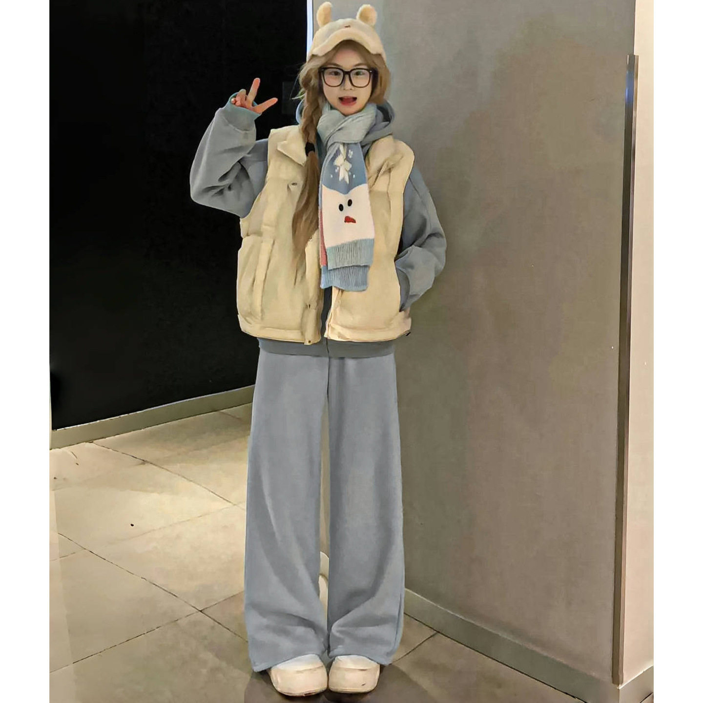 灰色美式运动阔腿裤女春秋新款高腰显瘦直筒宽松冬季加绒休闲卫裤