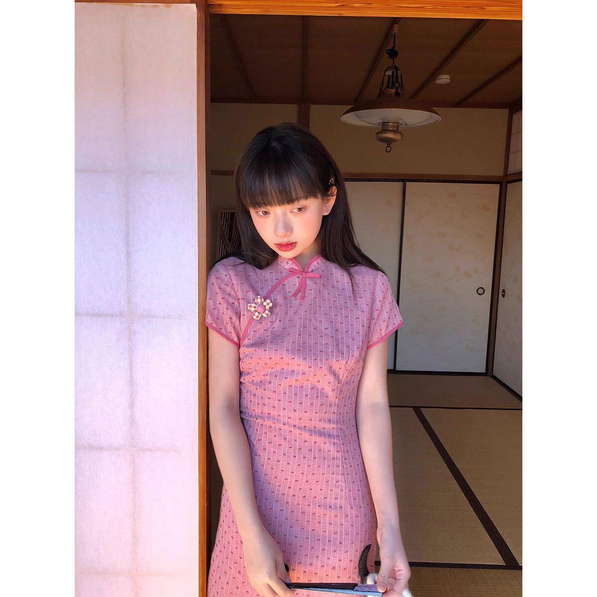 小个子甜美少女感粉色新中式旗袍裙春夏季日常国风收腰显瘦连衣裙