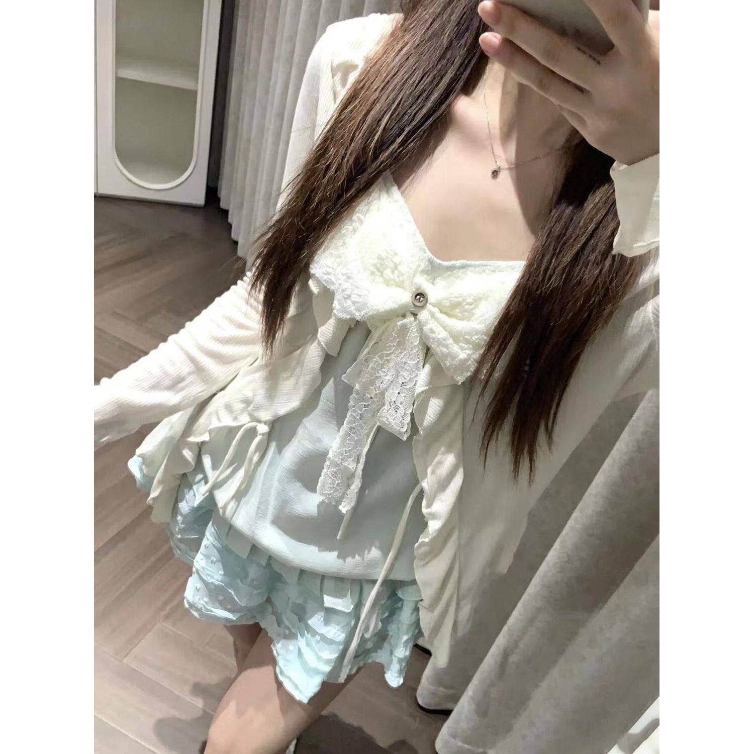 古早奈奈风甜美vintage设计感新款叠穿开衫吊带半身裙三件套
