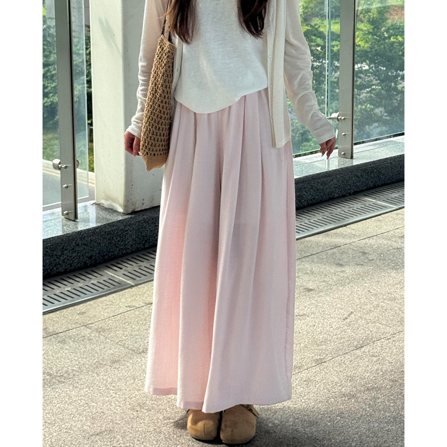粉色慵懒松弛感阔腿裙裤女夏季薄款飘逸宽松高腰显瘦休闲九分裤子