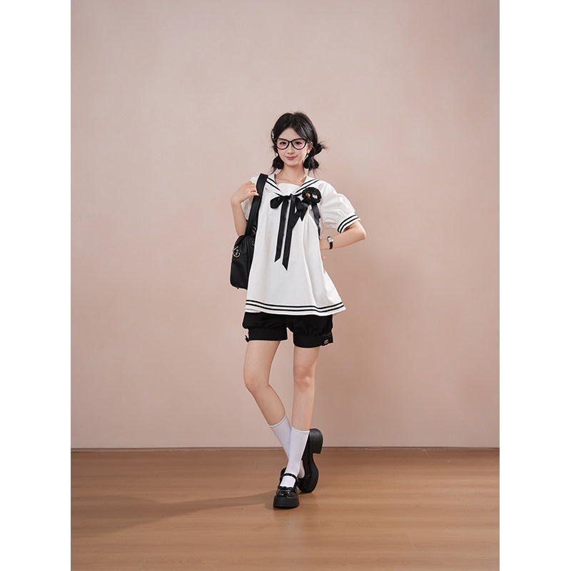 【旧日物语】黑白色哥特常服水手服短袖上衣+黑色短裤两件套装cos