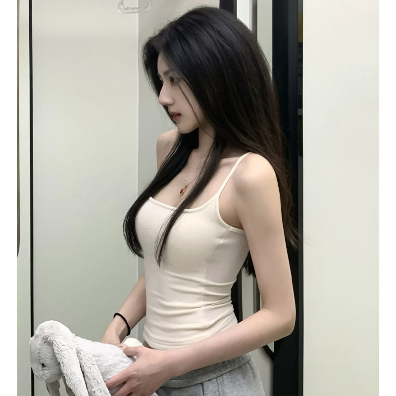 杏色吊带背心女夏季新款美式性感辣妹外穿带胸垫收腰显瘦无袖上衣