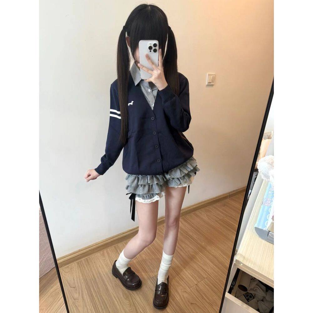 韩系学院甜妹风两件套老钱风气质假两件上衣格纹花边半身裙套装女