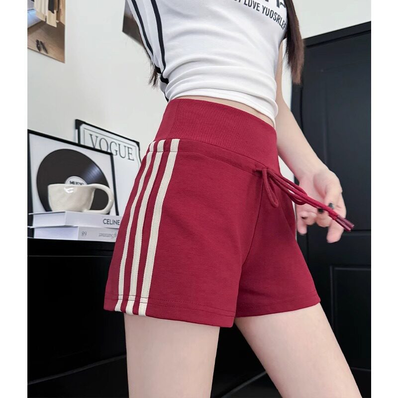 红色条纹运动短裤女夏季2025新款高腰显瘦a字防走光美式包臀热裤