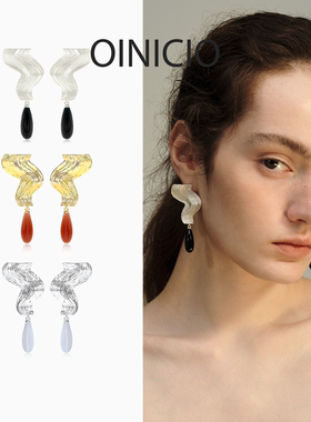 OINICIO初印月震系列水波纹黑玛瑙/暗红玛瑙/蓝纹玛瑙水滴耳环