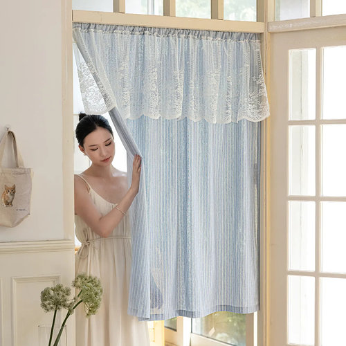 简约蓝色条纹门帘玄关半帘厨房短门帘隐私帘免打孔隔断窗窗帘柜子