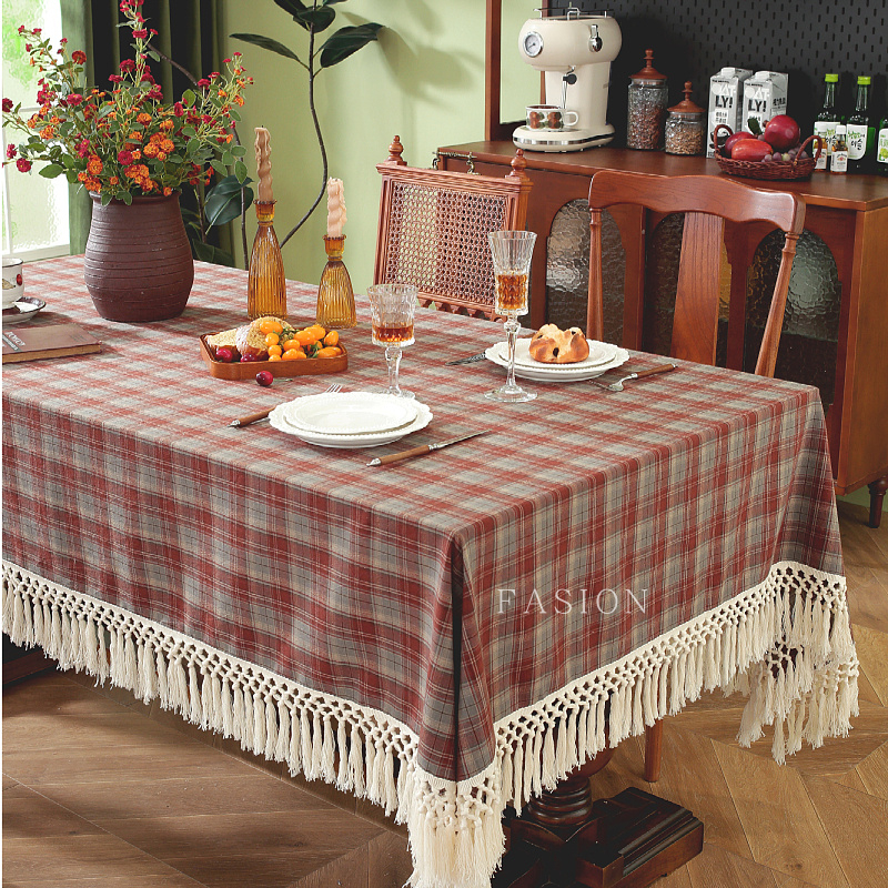 乡村格子长流苏桌布餐桌书桌茶几布高端复古氛围圆桌方桌定制盖布