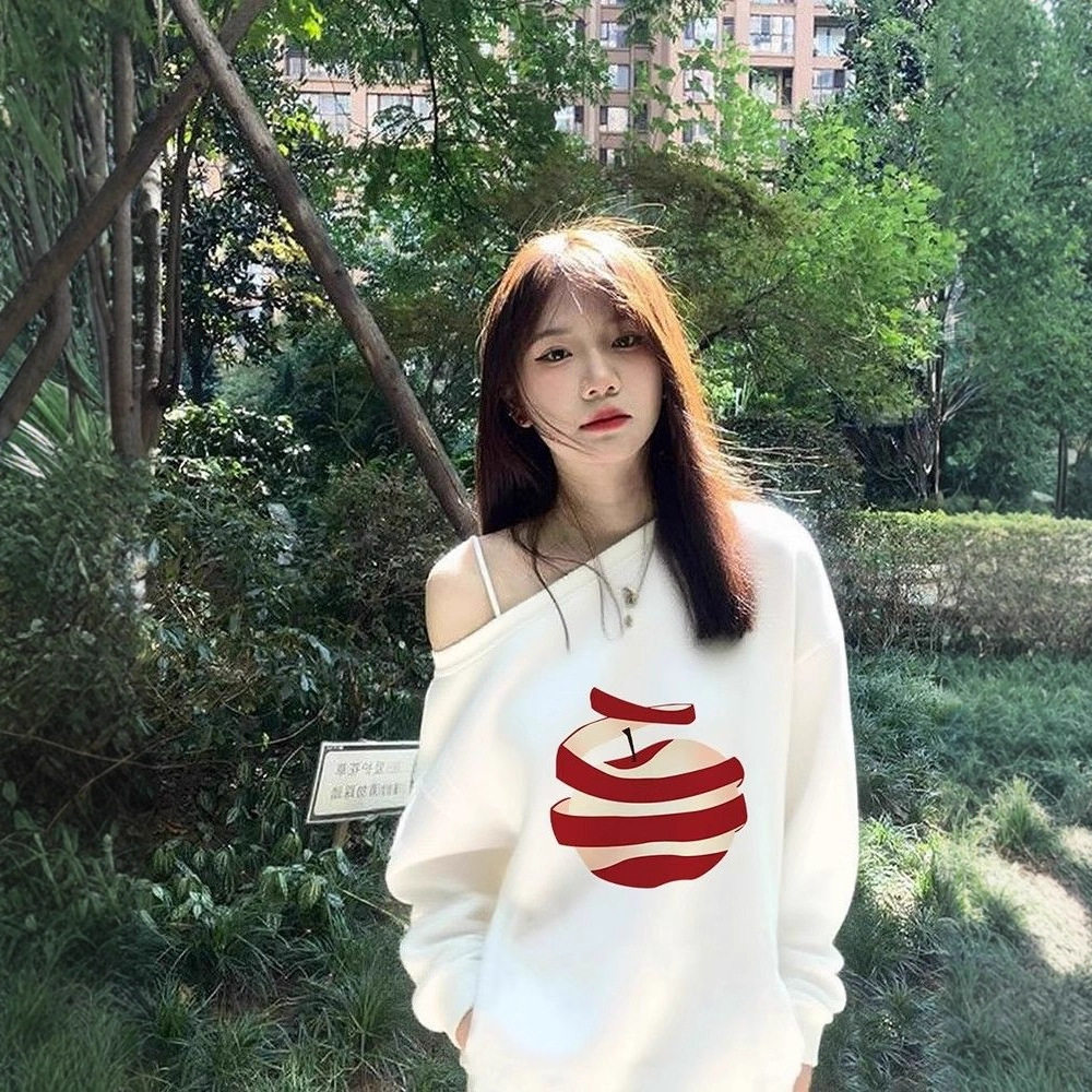 卫衣女款2025新款法式斜肩露肩白色苹果印花短袖t恤美式复古