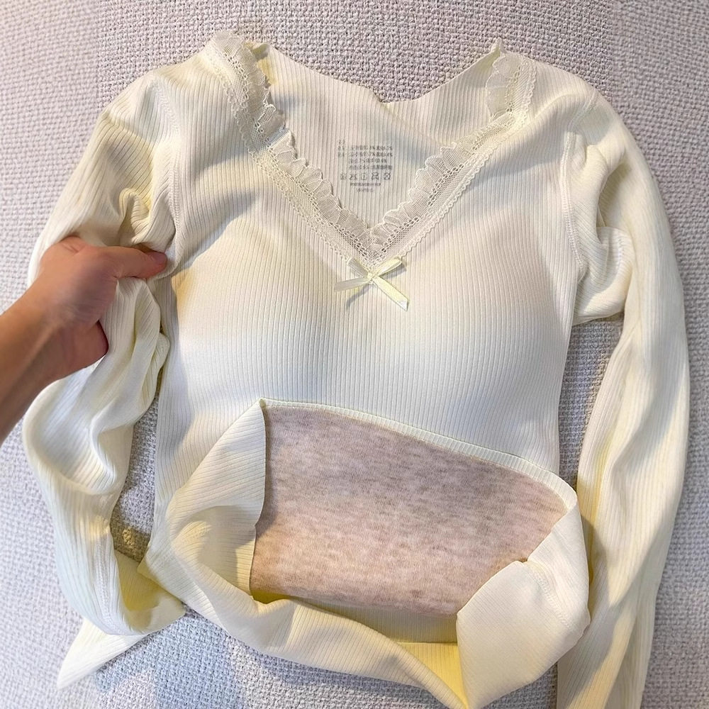 带胸垫蕾丝v领加绒保暖修身上衣2025秋冬季内搭打底衫女保暖加厚