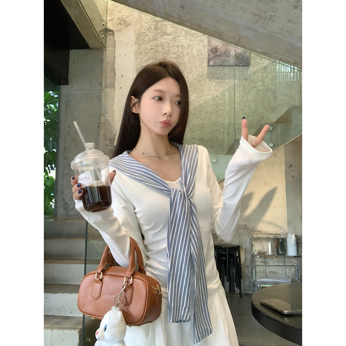 早秋韩版学院风修身V领披肩条纹领带长袖打底T恤上衣女秋季