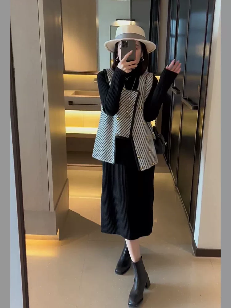 Осеннее вязаное платье, жилет, набор, для подростков, стиль Chanel