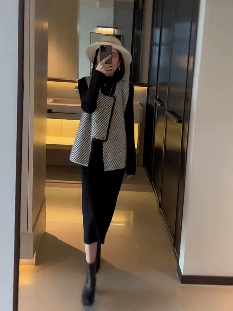 Осеннее вязаное платье, жилет, набор, для подростков, стиль Chanel