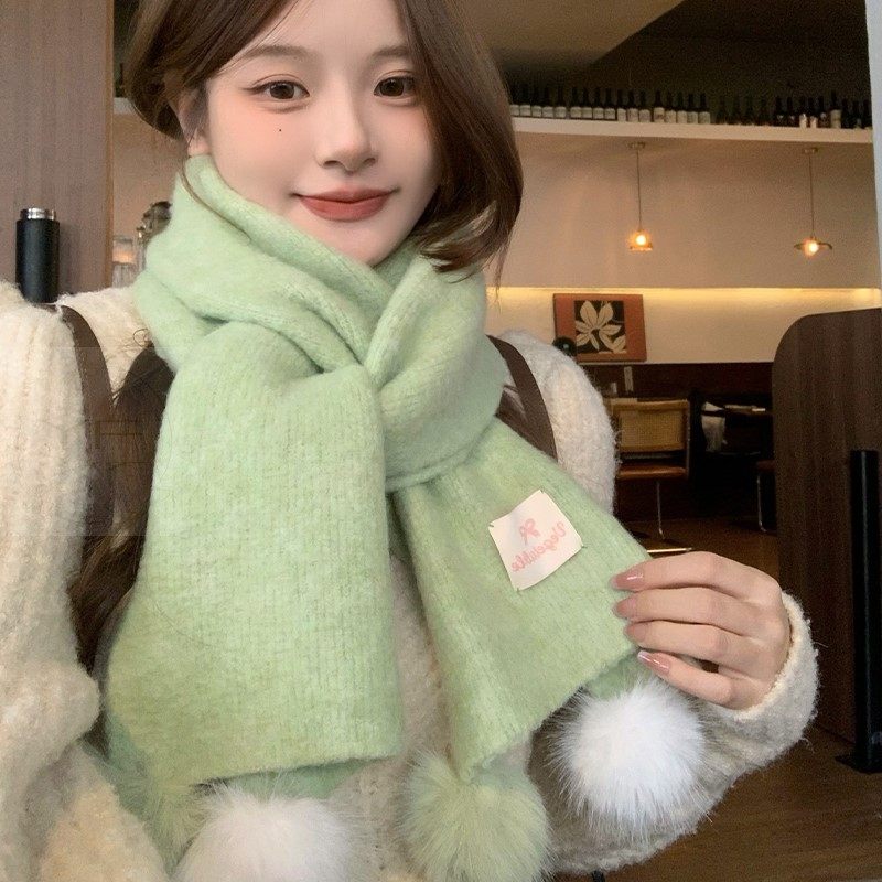 韩系绿色软糯毛球针织围巾女冬季氛围感加厚保暖防寒学生毛线围脖