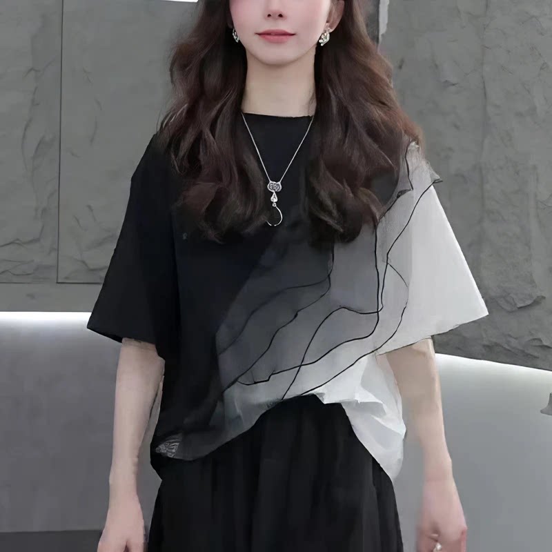 纯棉撞色蕾丝边拼接短袖T恤大码女装2026夏季胖MM宽松设计感上衣