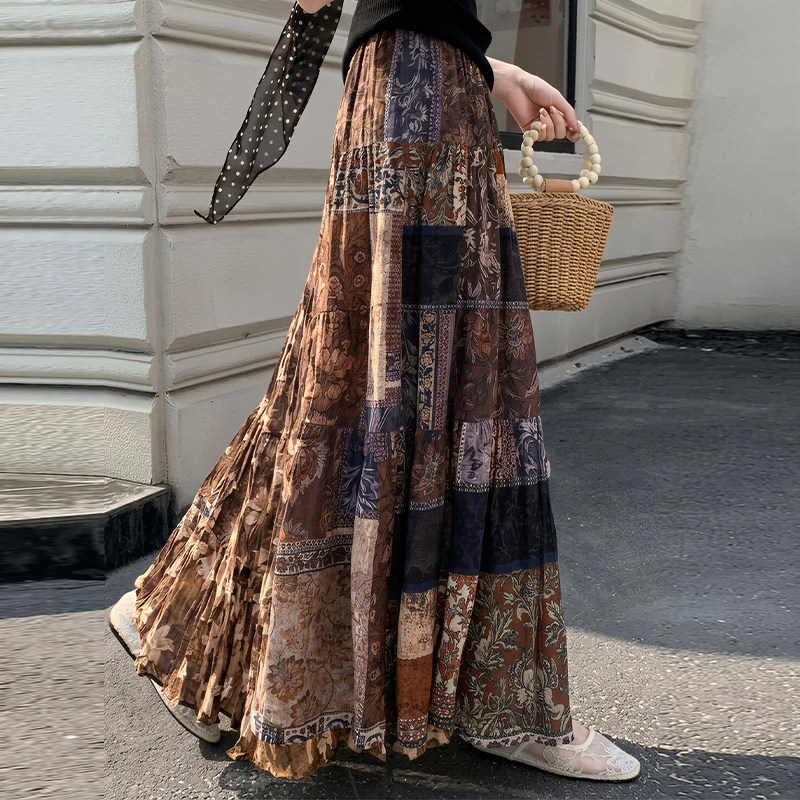 夏季新款民族风碎花半身裙女高腰显瘦A字大摆长裙印花棉绸跳舞裙