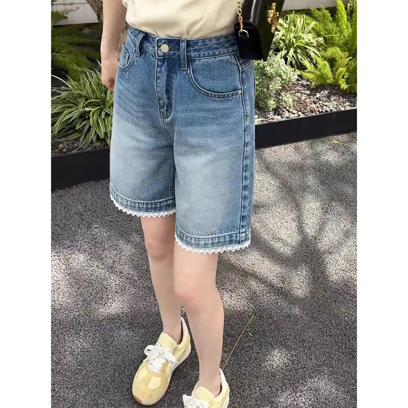 大码复古蓝色牛仔短裤女夏季胖mm高腰显瘦直筒阔腿a字五分中裤子
