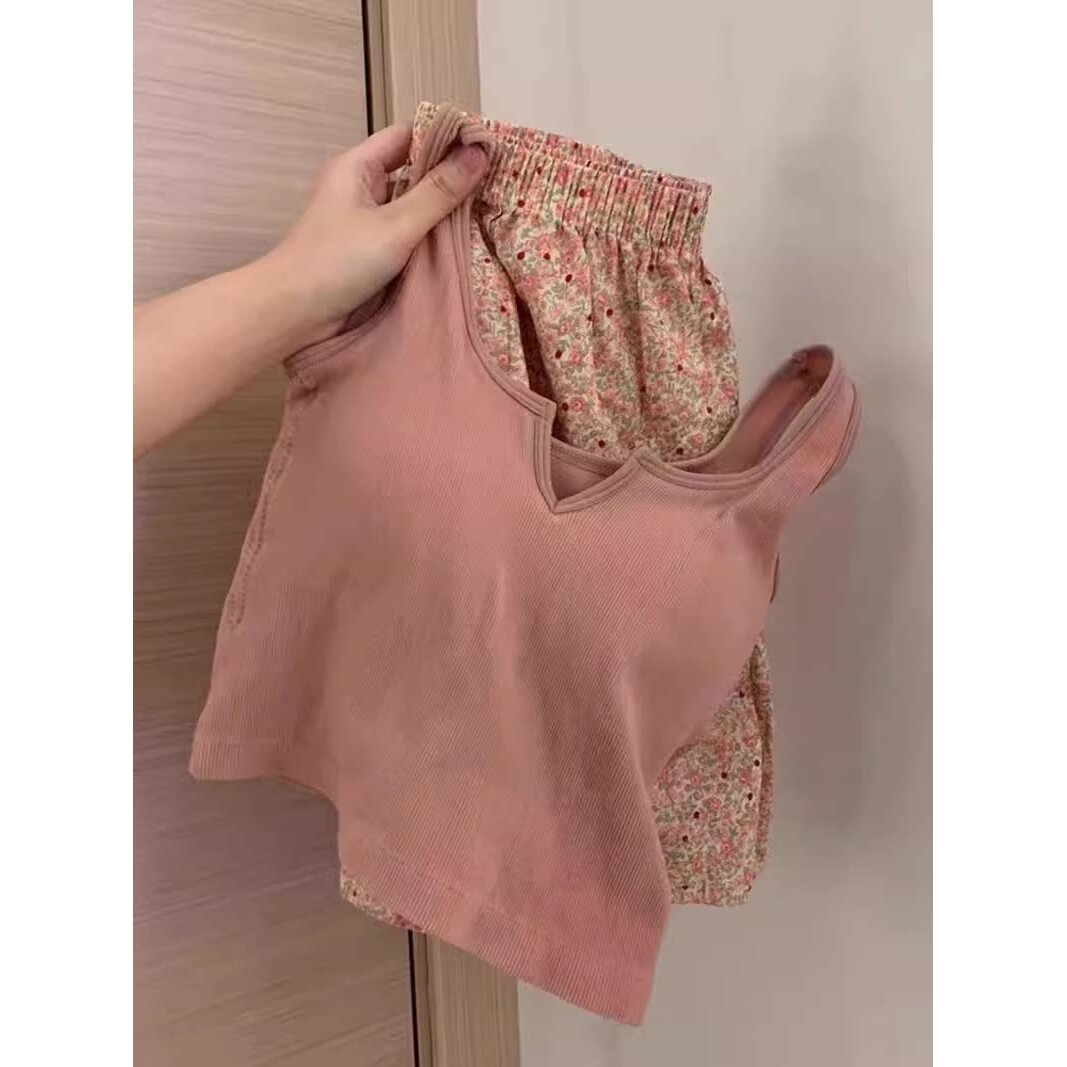 甜美带胸垫吊带睡衣女夏季运动背心碎花短裤可外穿纯棉家居服套装