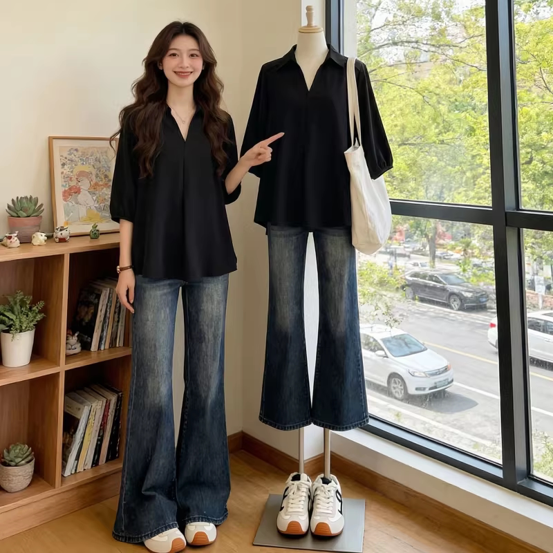 高级感黑色V领七分袖衬衫女夏2026新款大码胖mm气质百搭通勤上衣