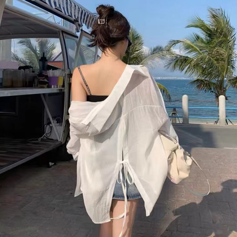 春夏薄款防晒衬衣外套女设计感小众后背开叉绑带法式别致衬衫上衣