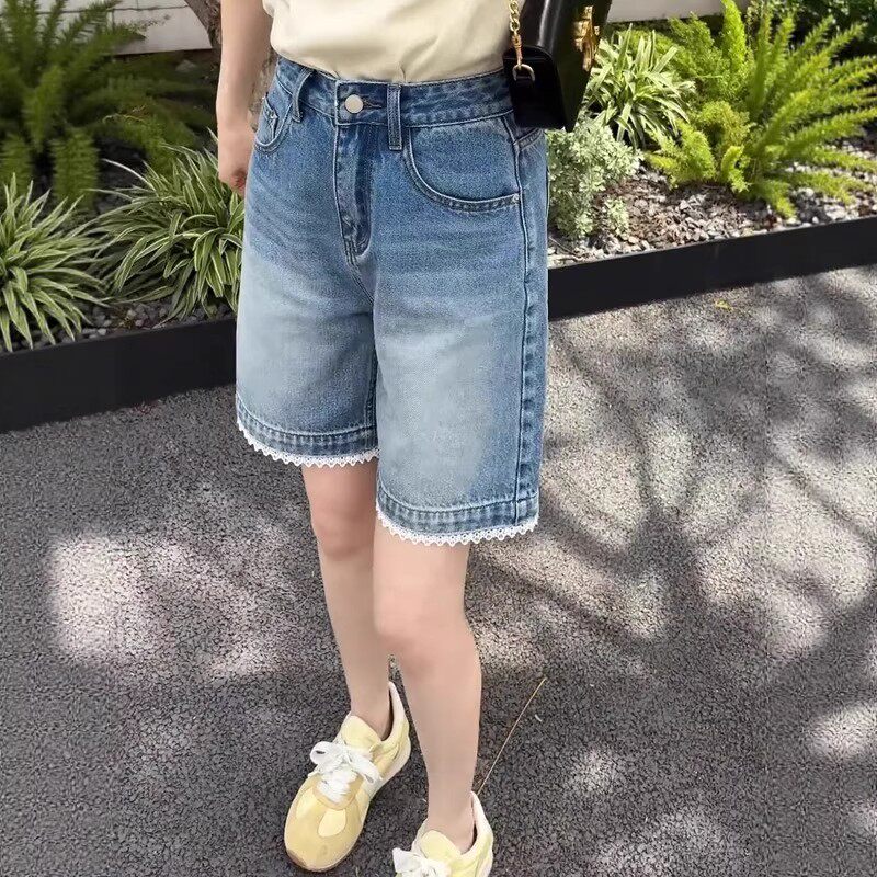 复古蕾丝花边直筒牛仔短裤女夏季大码胖mm高腰显瘦遮胯五分中裤子