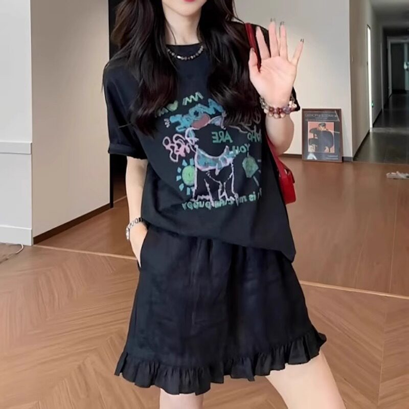 大码减龄木耳边松紧腰a字半身裙女夏季胖mm梨型身材显瘦遮胯短裙