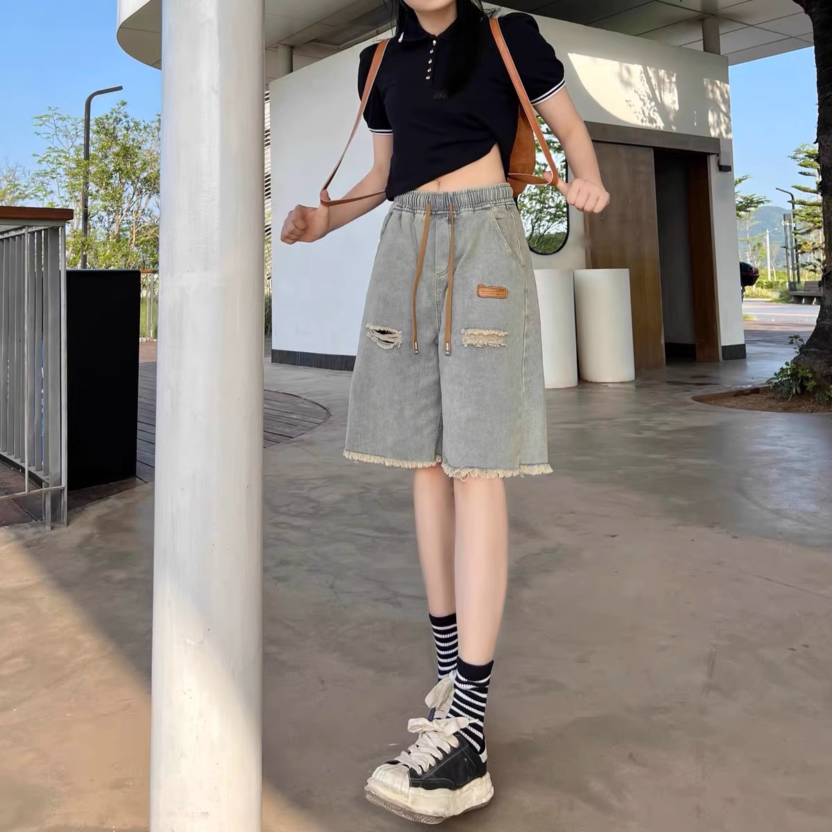 破洞牛仔毛边短裤女2025新款夏季宽松松紧腰大码直筒休闲五分裤子