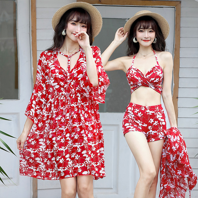 大码泳衣女胖mm200斤遮肚显瘦性感三件套宽松分体高腰温泉游泳衣