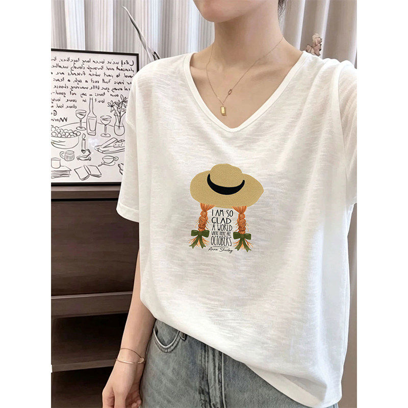 白色竹节棉大码短袖夏季薄款T恤女2026新款胖mm显瘦遮肚v领上衣潮