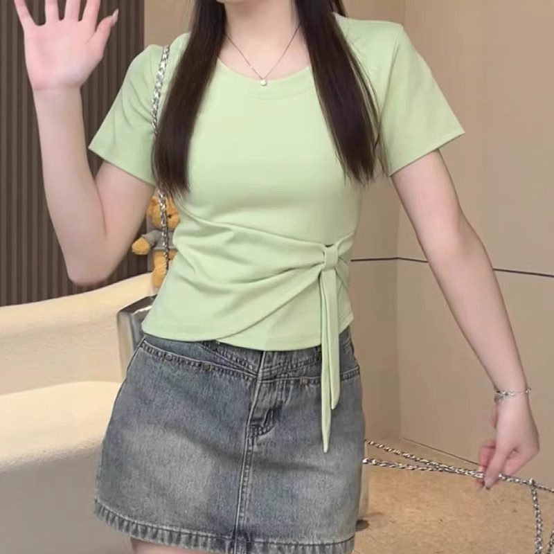 纯棉不规则正肩短袖T恤女2026夏季新款大码胖mm修身显瘦别致上衣
