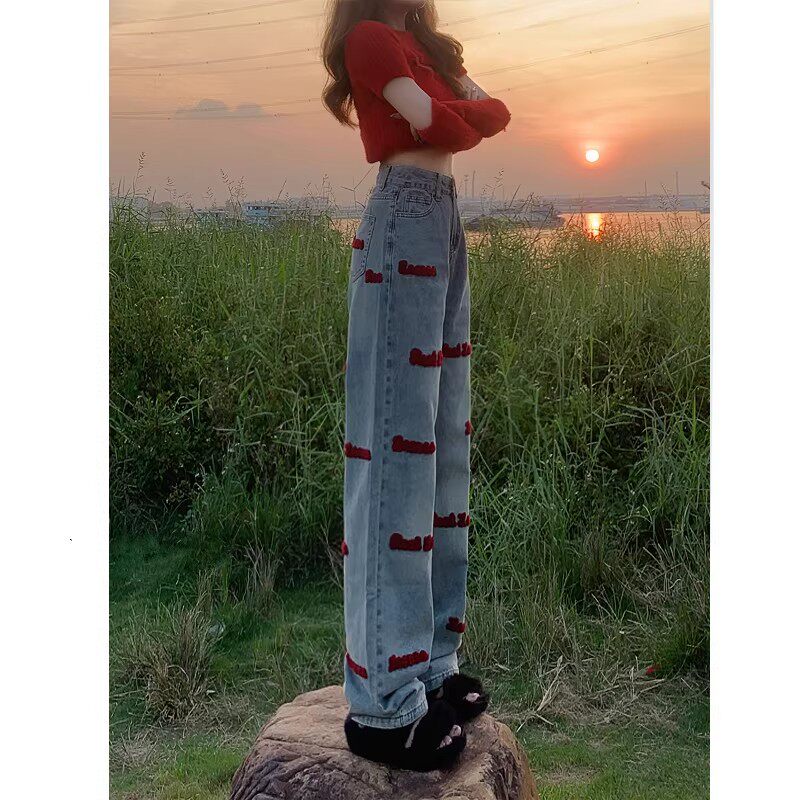 设计感红色刺绣直筒牛仔裤女大码胖mm春夏高腰宽松显瘦阔腿长裤子