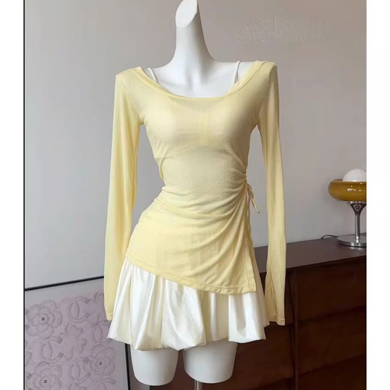 纯欲风小鸡黄分体裙式比基尼游泳衣女四件套保守长袖防晒罩衫温泉