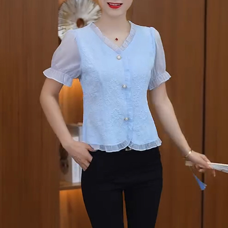 高端雪纺衬衫女夏季新款气质蕾丝短袖小衫女士短款小个子夏款上衣