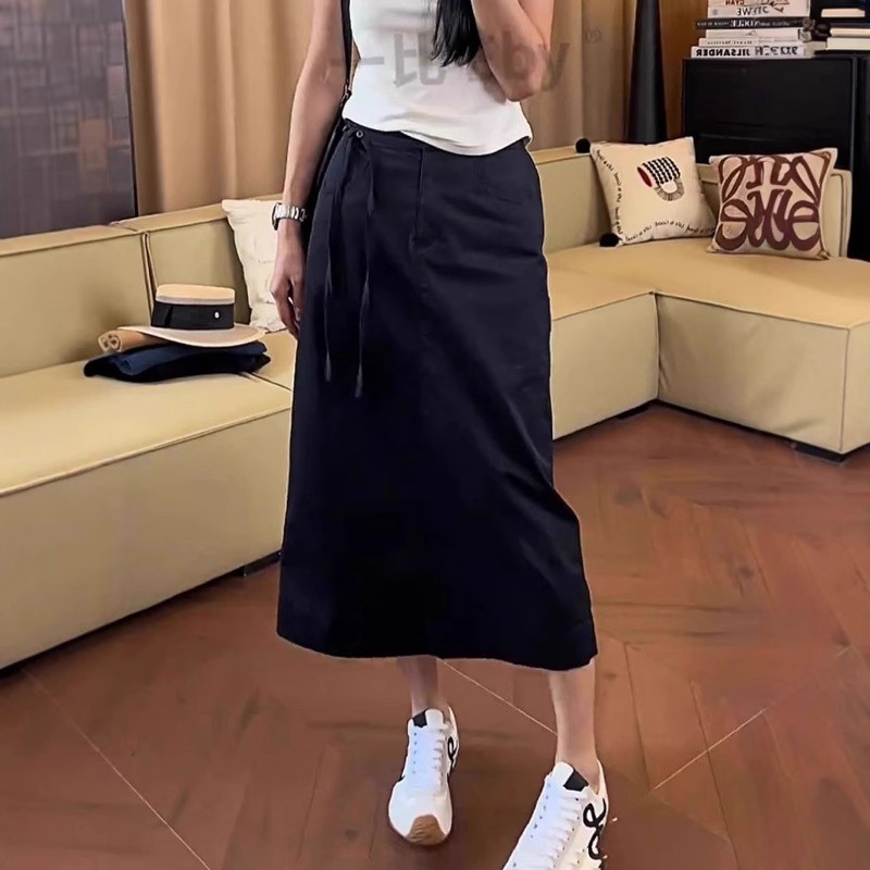 大码松紧腰系带开叉半身裙女2026夏季新款胖mm高腰显瘦遮胯中长裙