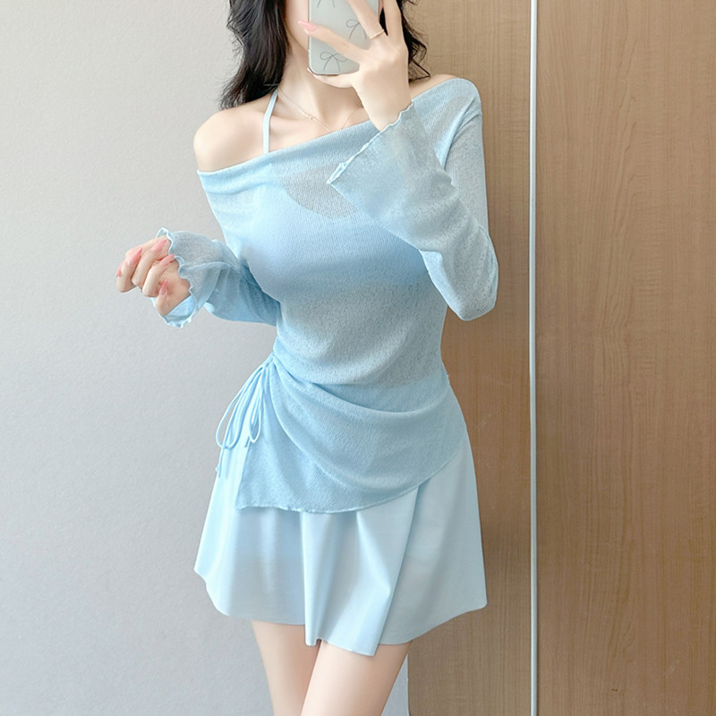 泳衣女夏季长袖比基尼罩衫分体三件套装性感泡温泉显瘦保守泳装
