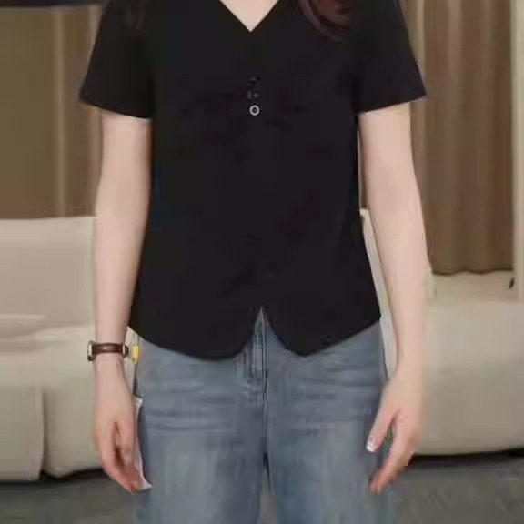 高级感轻奢减龄洋气纯棉V领短袖衬衫女夏季大码胖mm显瘦遮肉小衫
