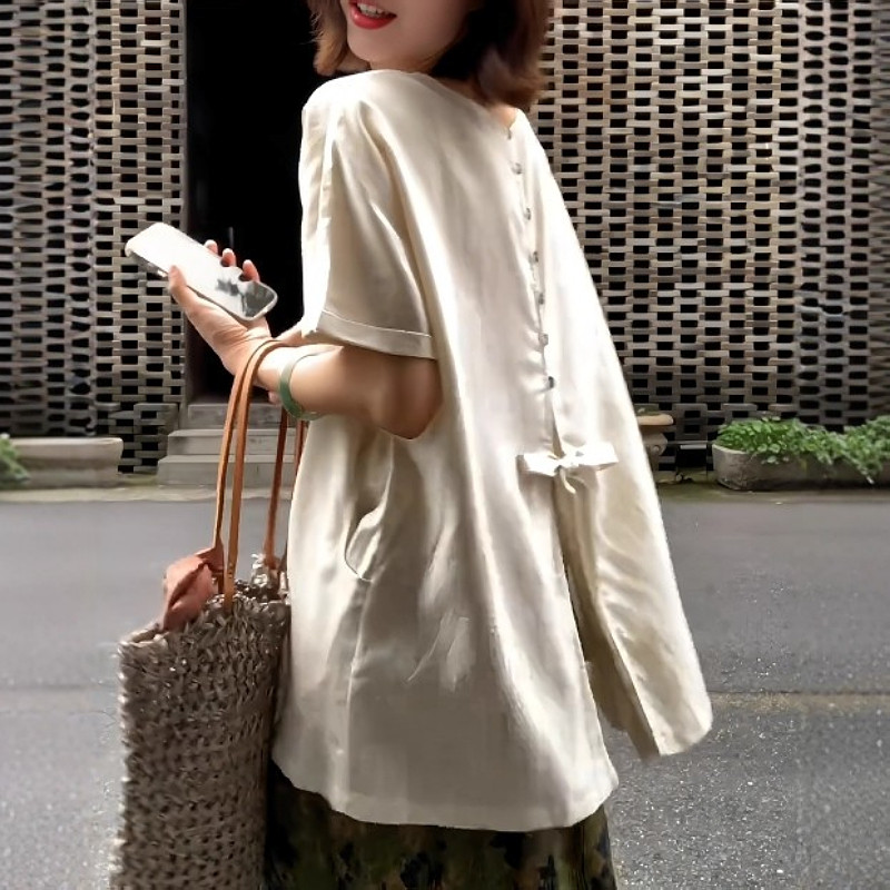 大码轻奢米色蝴蝶结系带亚麻短袖衬衫女夏胖mm宽松巨显瘦洋气上衣