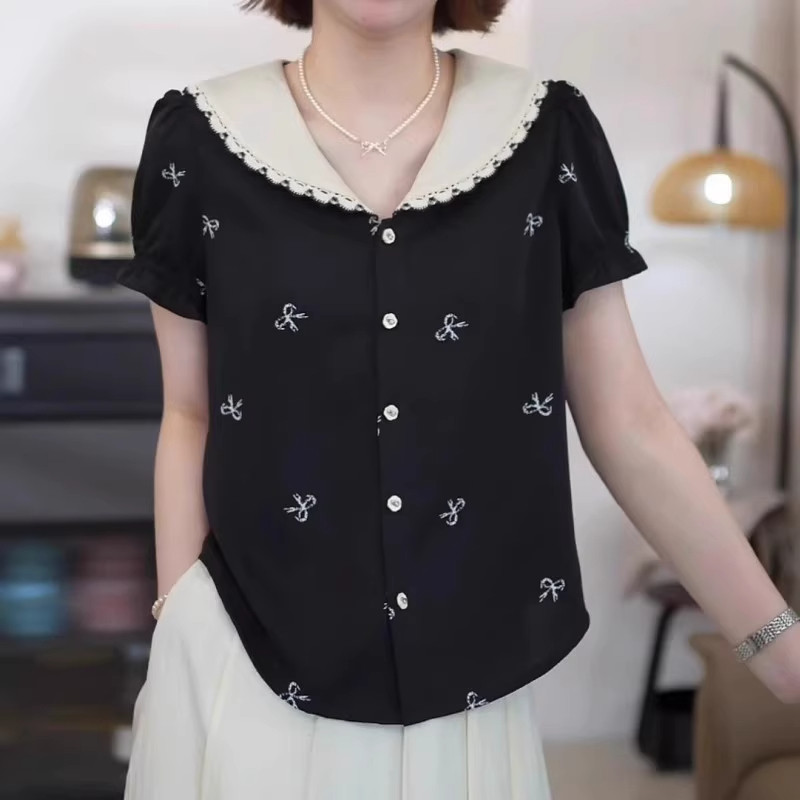 大码法式蝴蝶结娃娃领短袖衬衫女2025夏季新款宽松高级感减龄上衣