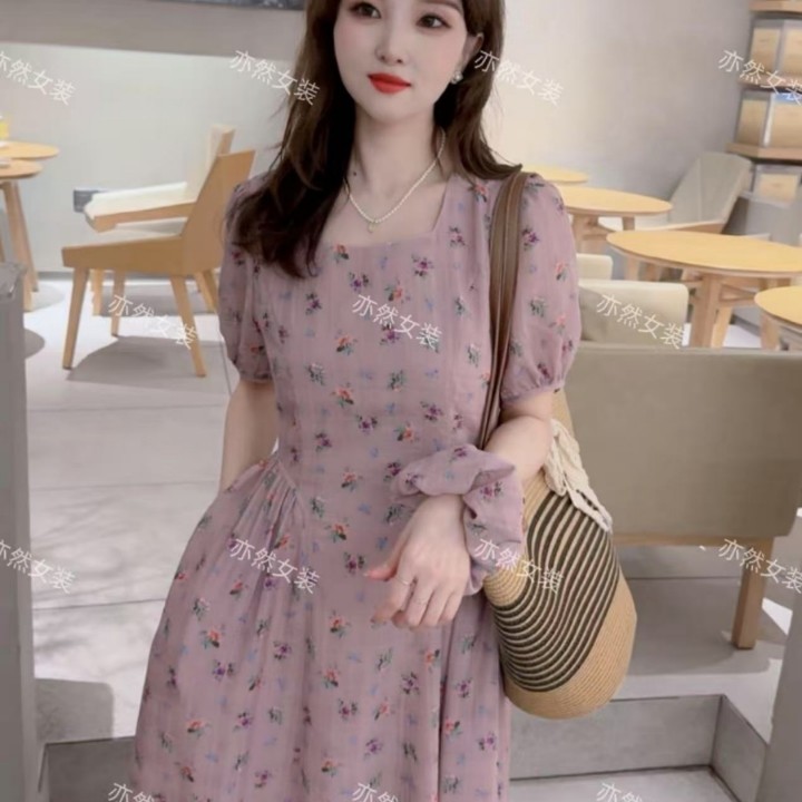 莫奈花园方领轻熟风宽松显瘦好驾驭！温柔莫奈紫显白连衣裙