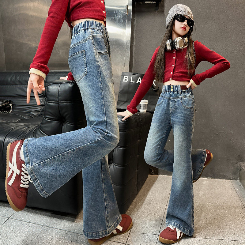 大女童牛仔喇叭裤潮服服装衣服超裤子