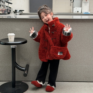女童外套2025新款小女孩冬装女童加厚毛毛衣红色喜庆拜新年衣服