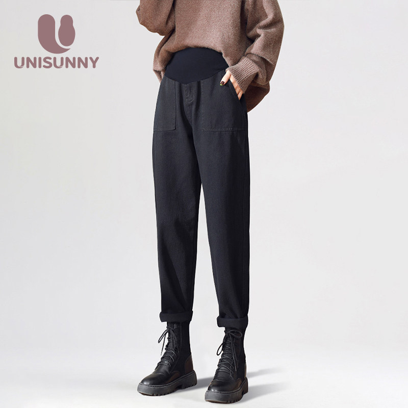 unisunny孕妇裤子春秋外穿牛仔裤孕妇装秋冬季加绒时尚休闲老爹裤